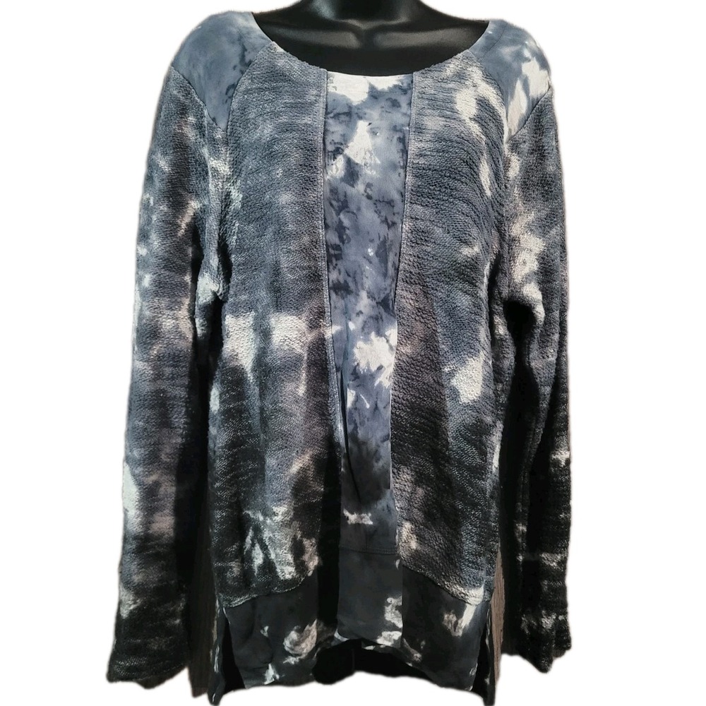 XCVI Mixed Media Blouse Size L Gray Tie-Dye Crepe/Textured Knit Semi-Sheer